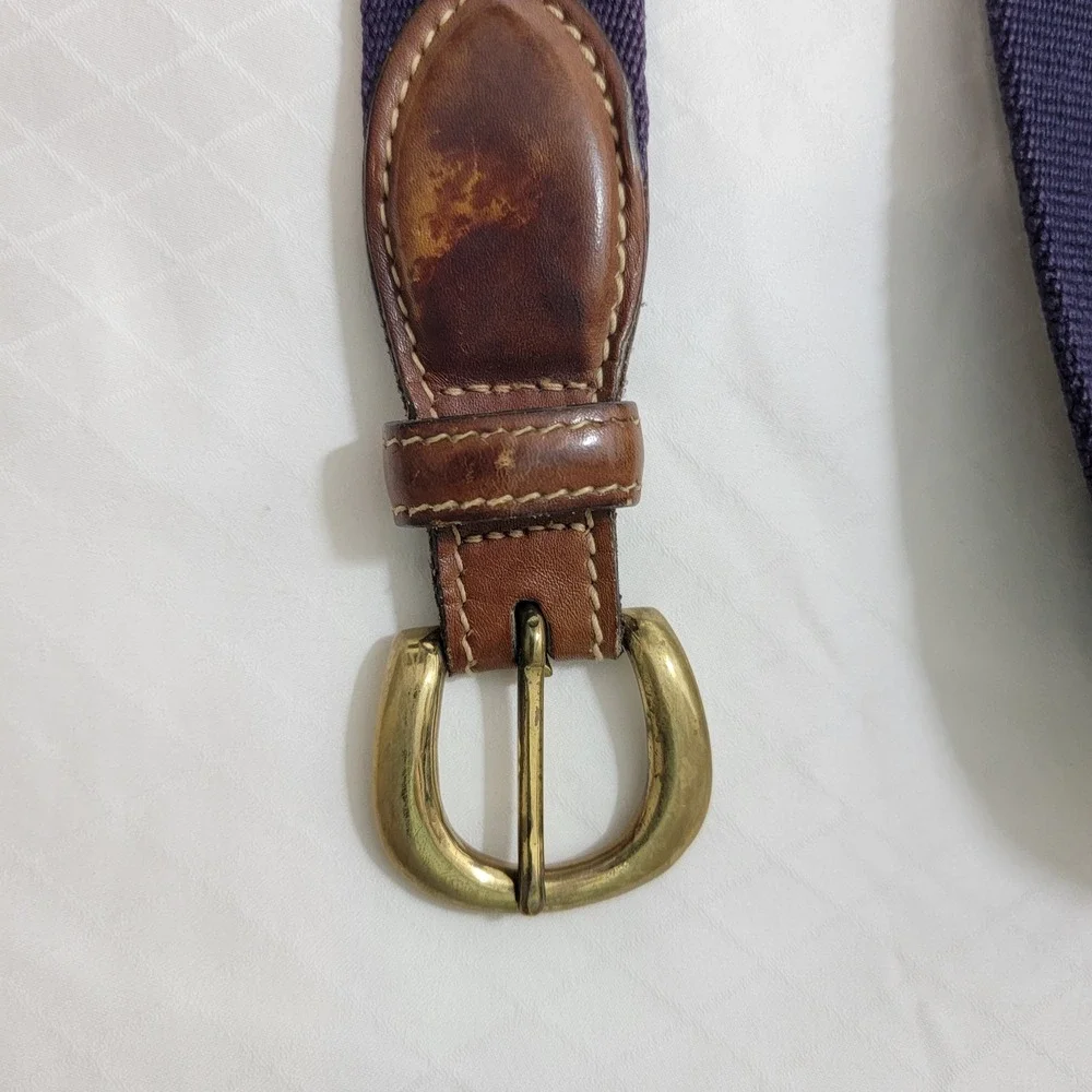 Trafalgar Surcingle Wool Belt Purple Yellow Striped Leather Brass Buckle USA 36